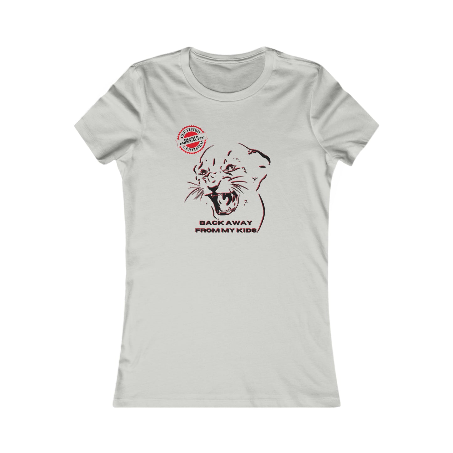 Grey t-shirt featuring a graphic of a roaring animal, resembling a lion, with the text BACK AWAY FROM MY KIDS. Perfect for those wanting to celebrate mom, it also sports a small, red circular stamp near the shoulder that reads Certified Mama Mentality. Available at the Gifts For Mom store.