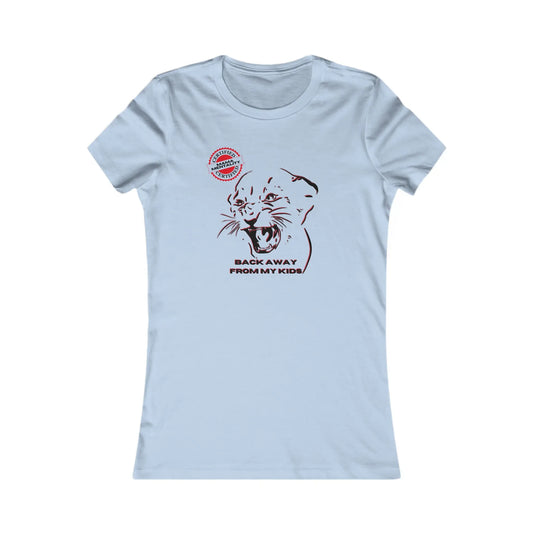 Sky blue t-shirt featuring a graphic of a roaring animal, resembling a lion, with the text BACK AWAY FROM MY KIDS. Perfect for those wanting to celebrate mom, it also sports a small, red circular stamp near the shoulder that reads Certified Mama Mentality. Available at the Gifts For Mom store.