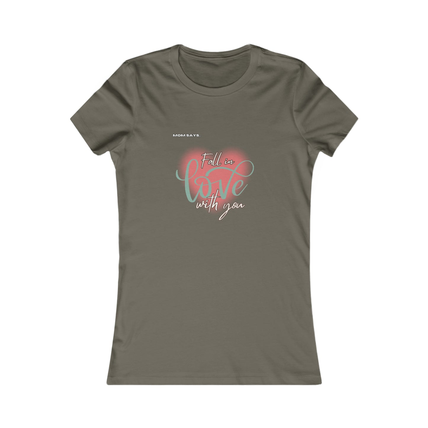 Discover the perfect gift from the Gifts For Mom store with this army green t-shirt featuring a pink heart design and the words Fall in love with you in an artful blend of fonts, celebrating mom in style.