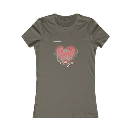 Discover the perfect gift from the Gifts For Mom store with this army green t-shirt featuring a pink heart design and the words Fall in love with you in an artful blend of fonts, celebrating mom in style.
