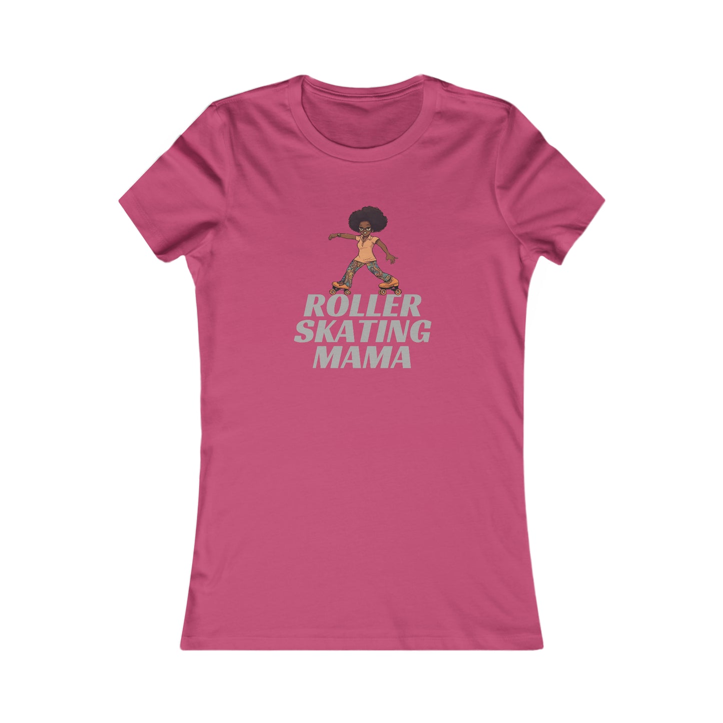 Berry t-shirt featuring an illustration of a person roller skating with an afro hairstyle, above the bold text ROLLER SKATING MAMA. Perfect for roller skating enthusiasts, the design is centered on the shirt and available at the Gifts For Mom store.