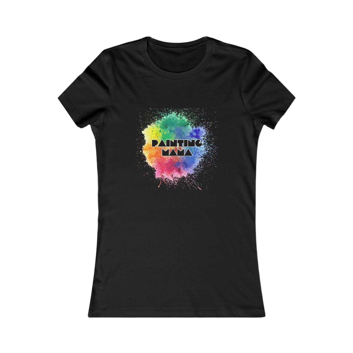Black T-shirt featuring a vibrant paint splash design in the center. PAINTING MAMA is boldly printed over it with a gradient effect. Perfect to celebrate moms artistic spirit, its available exclusively at the Gifts For Mom store.