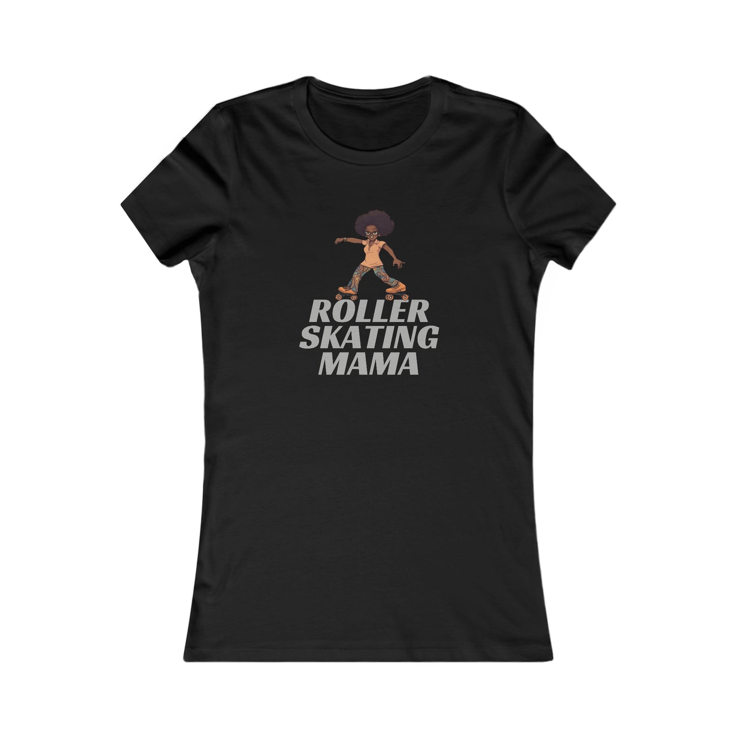 Black t-shirt featuring an illustration of a person roller skating with an afro hairstyle, above the bold text ROLLER SKATING MAMA. Perfect for roller skating enthusiasts, the design is centered on the shirt and available at the Gifts For Mom store.