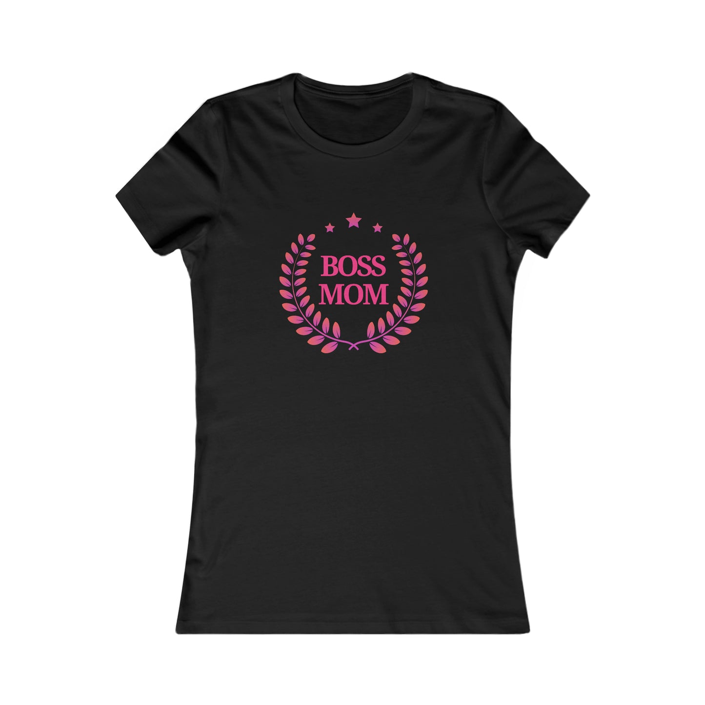 A black womens t-shirt from the Gifts For Mom store, featuring Boss Mom in pink, encircled by a laurel wreath design. Its a perfect way to celebrate mom with style and appreciation.