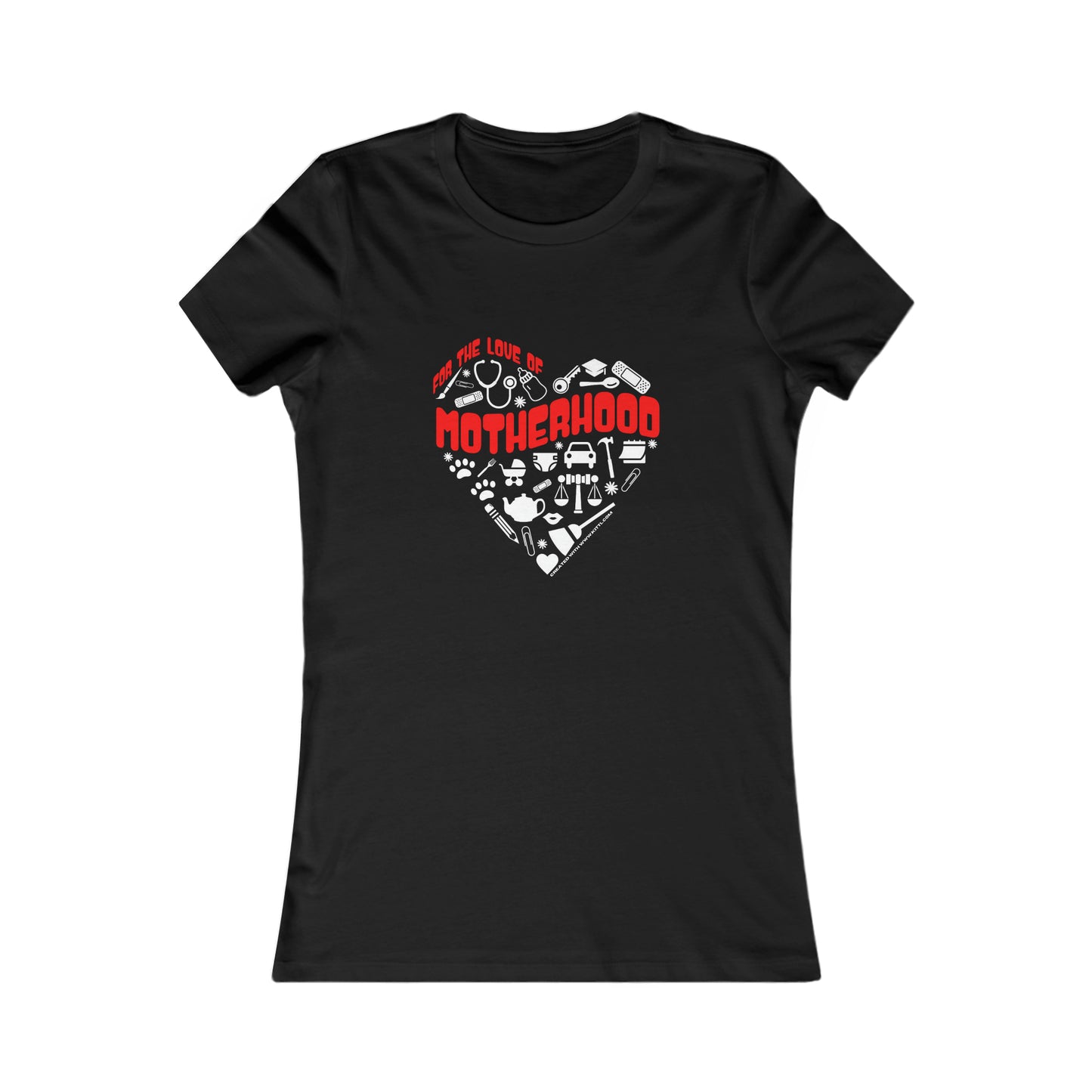 Black t-shirt with red text, For the Love of Motherhood, available at the Gifts For Mom store. The design features baby-related icons subtly forming a heart shape around Motherhood to celebrate mom in style.