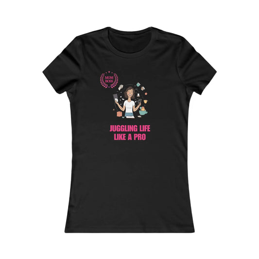 Black t-shirt from the Gifts For Mom store features a cartoon woman juggling household items and office supplies. Text reads, Juggling Life Like a Pro. A small laurel wreath says Mom of the Year on the upper left chest area, perfect to celebrate mom every day.