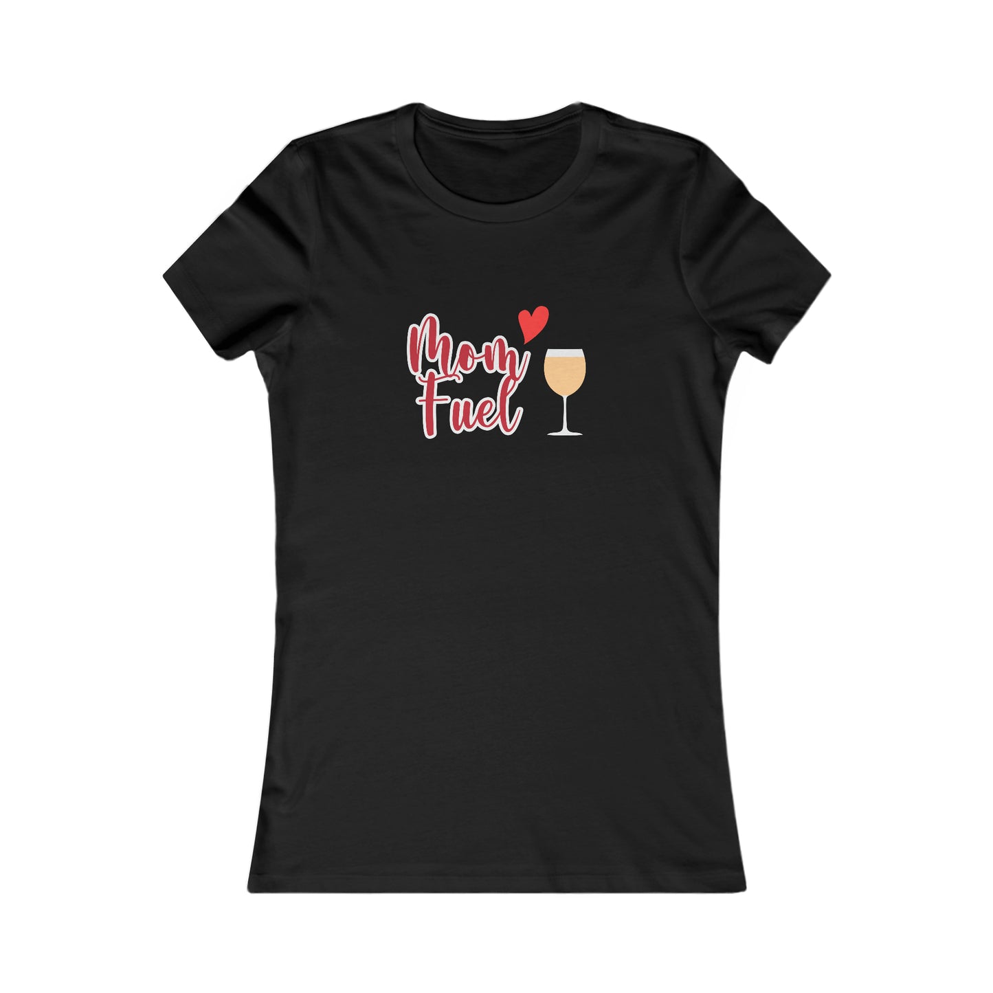 It's the perfect gift for wine loving mothers from our Gifts For Mom store: a black t-shirt featuring a wine glass filled with a chardonnay with the text Mom fuel. A heart accent is also part of the graphic.