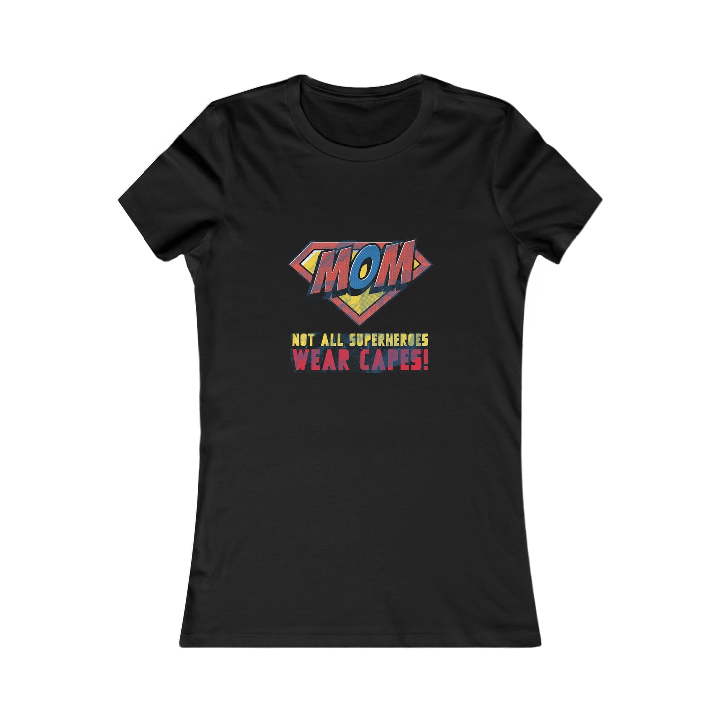 Black t-shirt with a colorful superhero-inspired logo that reads MOM in a shield shape, above the text Not all superheroes wear capes!, available at the Gifts For Mom store to celebrate mom in style.