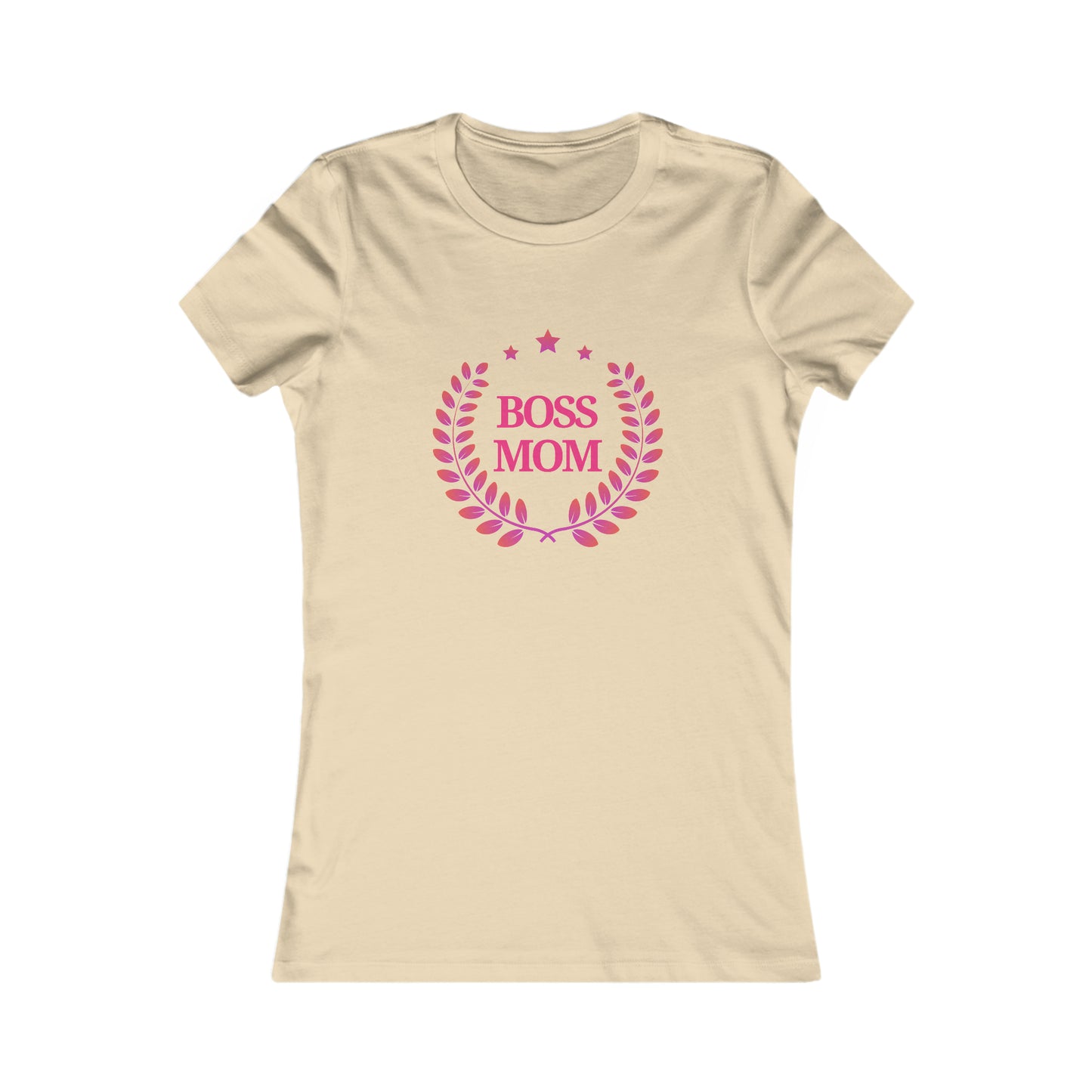 A cream womens t-shirt from the Gifts For Mom store, featuring Boss Mom in pink, encircled by a laurel wreath design. Its a perfect way to celebrate mom with style and appreciation.