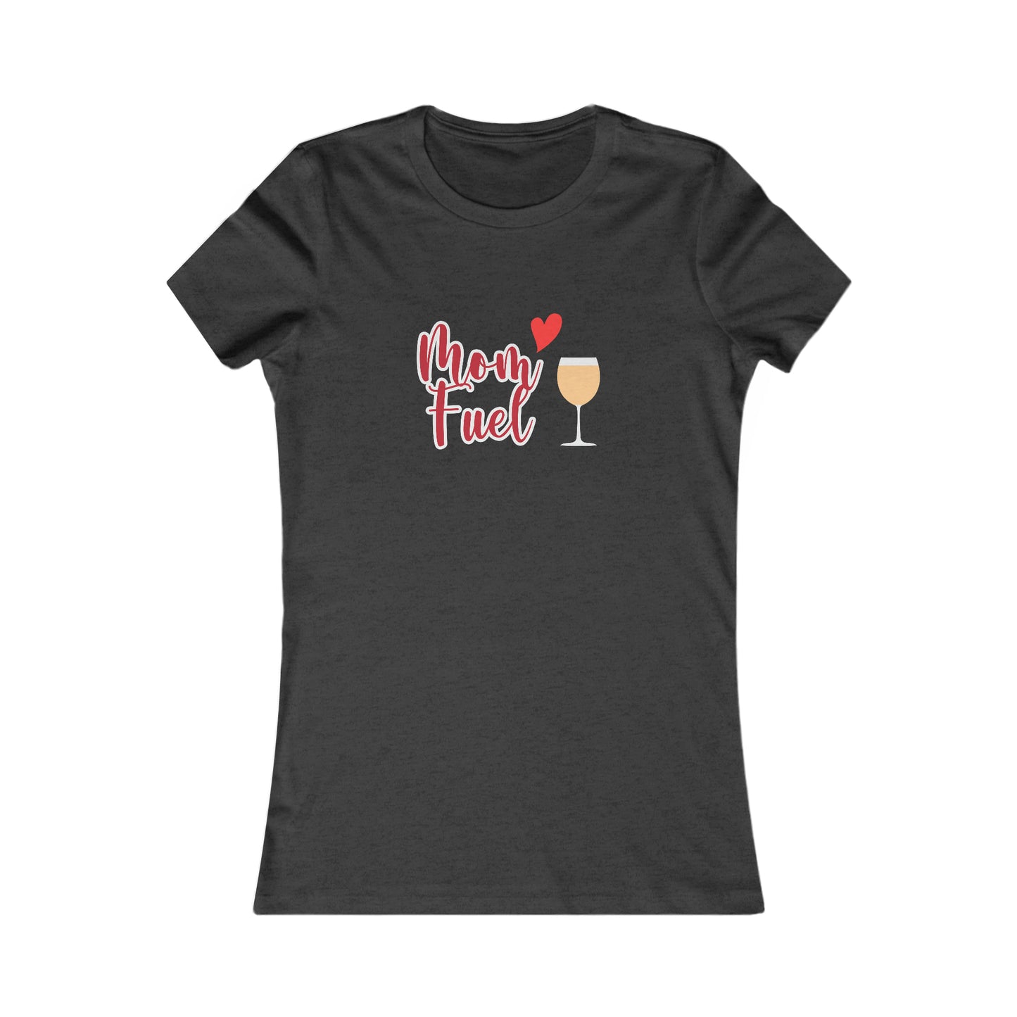 It's the perfect gift for wine loving mothers from our Gifts For Mom store: a dark grey t-shirt featuring a wine glass filled with a chardonnay with the text Mom fuel. A heart accent is also part of the graphic.