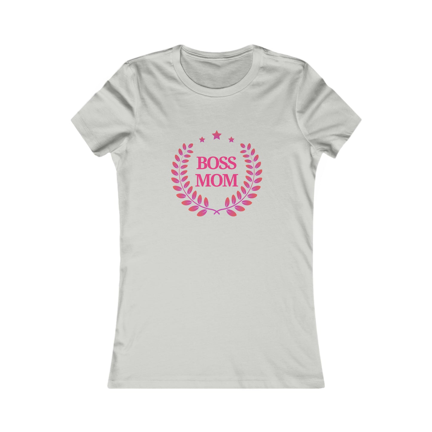 A grey womens t-shirt from the Gifts For Mom store, featuring Boss Mom in pink, encircled by a laurel wreath design. Its a perfect way to celebrate mom with style and appreciation.