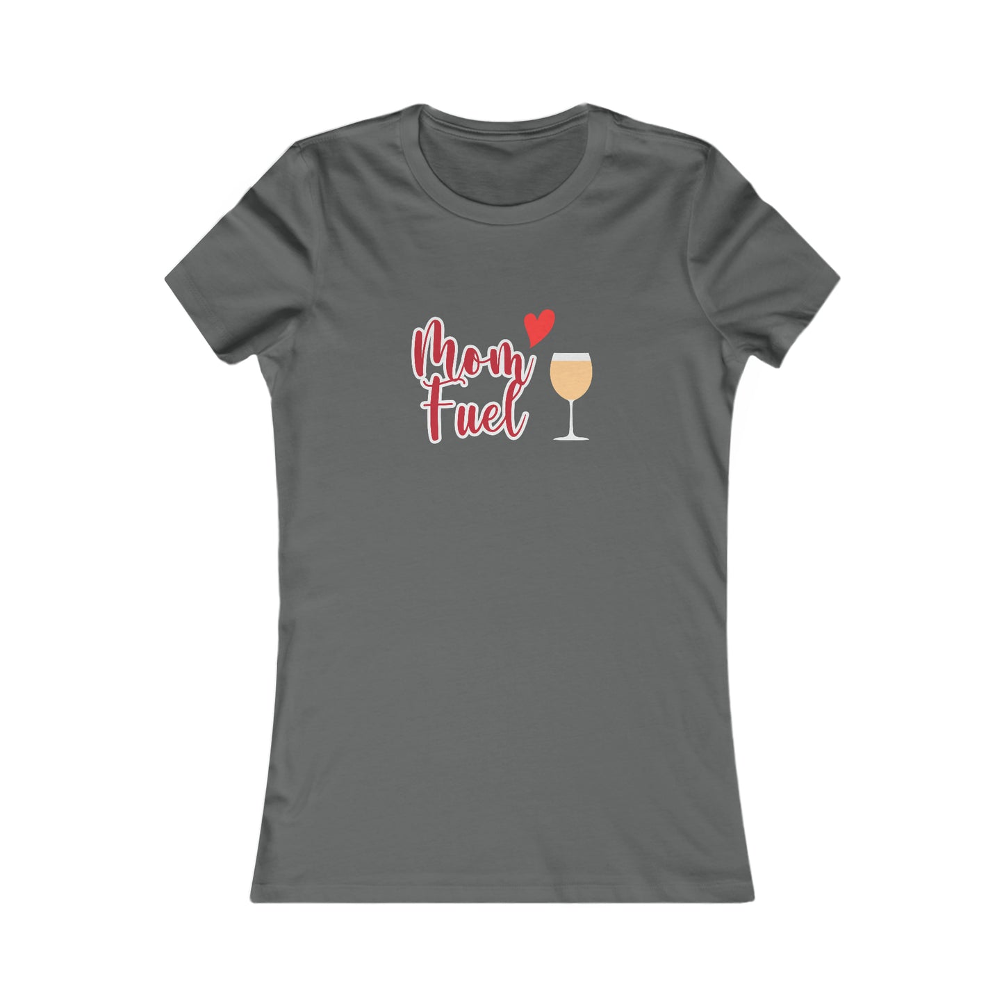 It's the perfect gift for wine loving mothers from our Gifts For Mom store: a grey t-shirt featuring a wine glass filled with a chardonnay with the text Mom fuel. A heart accent is also part of the graphic.