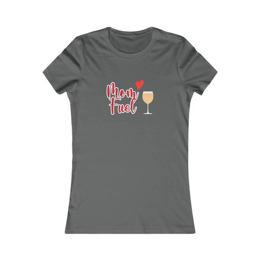 It's the perfect gift for wine loving mothers from our Gifts For Mom store: a grey t-shirt featuring a wine glass filled with a chardonnay with the text Mom fuel. A heart accent is also part of the graphic.