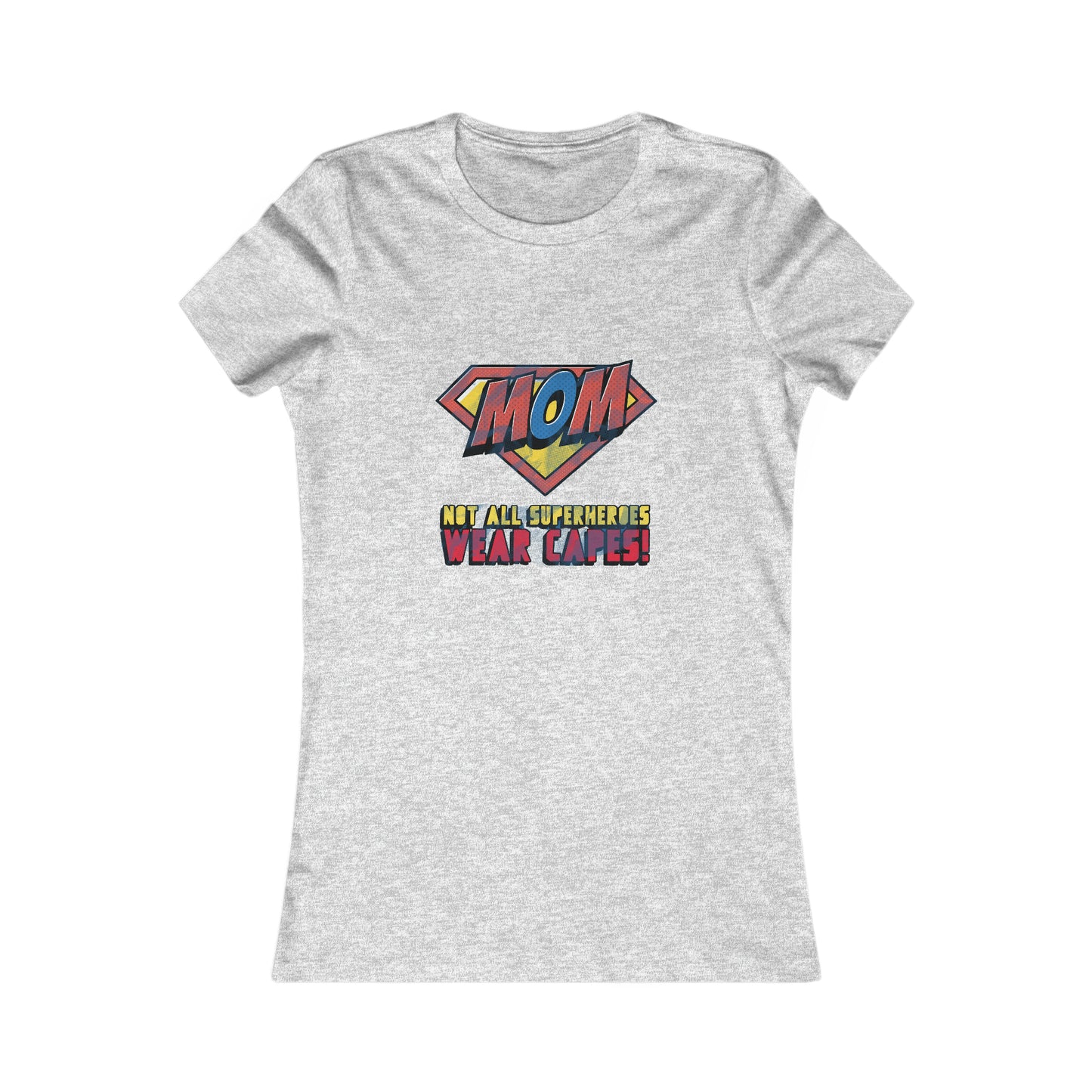 Heather grey t-shirt with a colorful superhero-inspired logo that reads MOM in a shield shape, above the text Not all superheroes wear capes!, available at the Gifts For Mom store to celebrate mom in style.