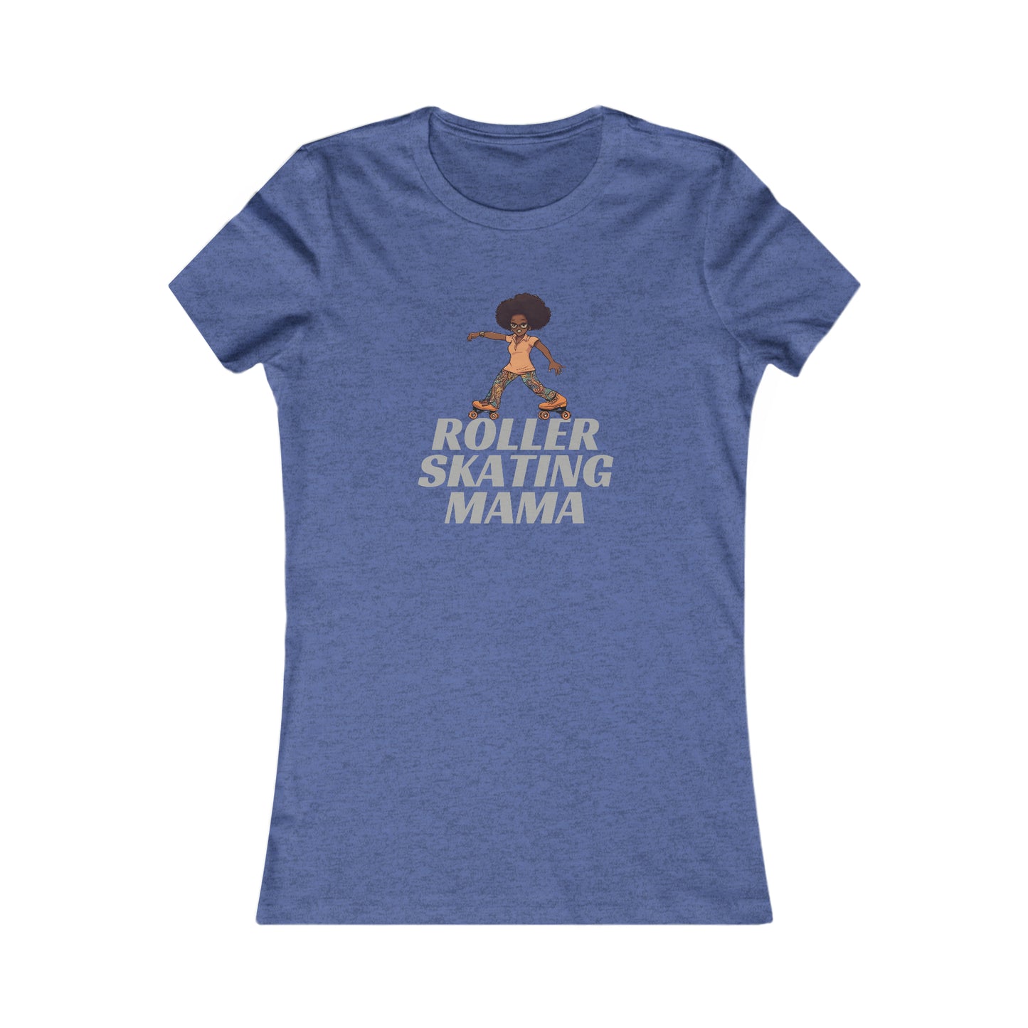 Heather royal blue t-shirt featuring an illustration of a person roller skating with an afro hairstyle, above the bold text ROLLER SKATING MAMA. Perfect for roller skating enthusiasts, the design is centered on the shirt and available at the Gifts For Mom store.