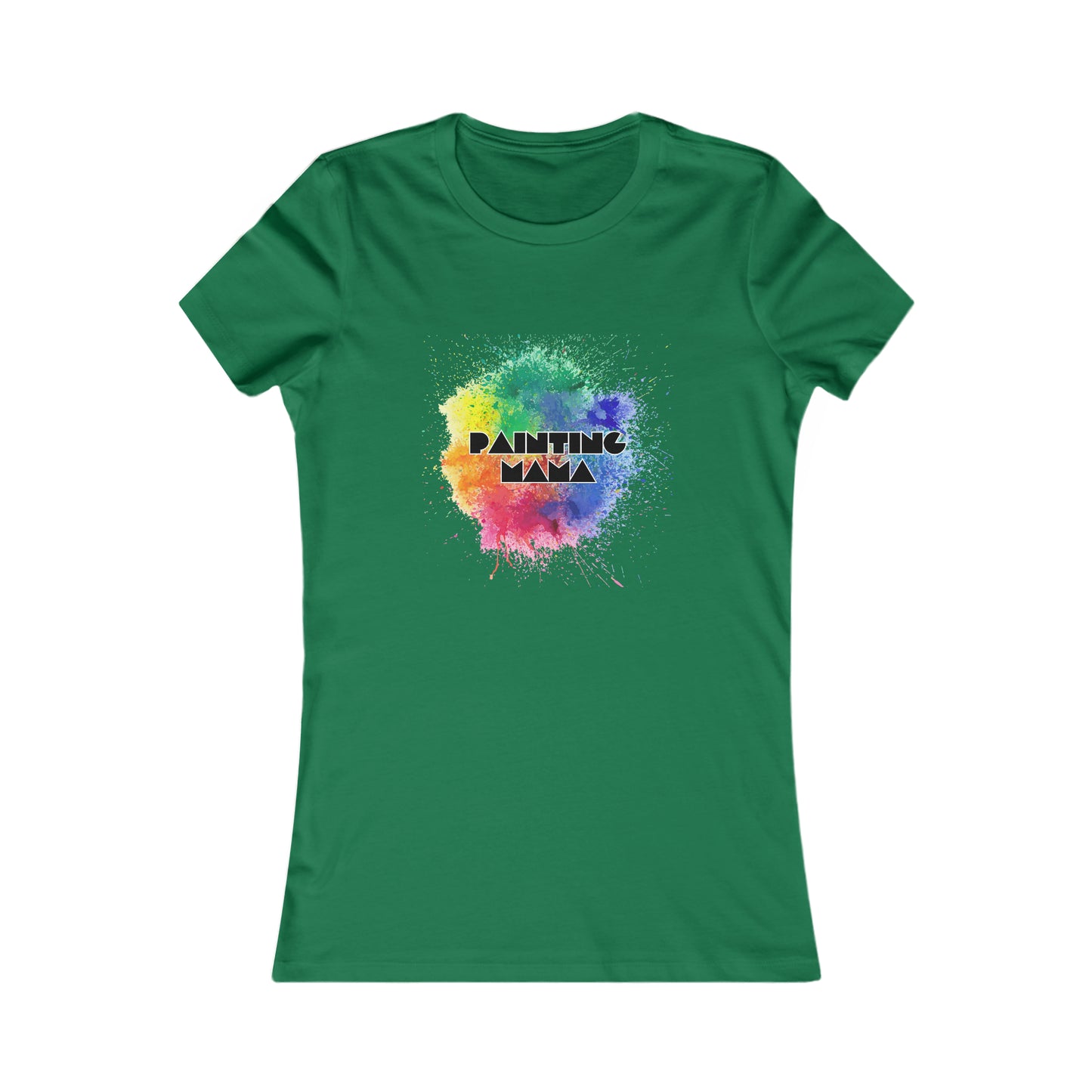 Kelly green T-shirt featuring a vibrant paint splash design in the center. PAINTING MAMA is boldly printed over it with a gradient effect. Perfect to celebrate moms artistic spirit, its available exclusively at the Gifts For Mom store.