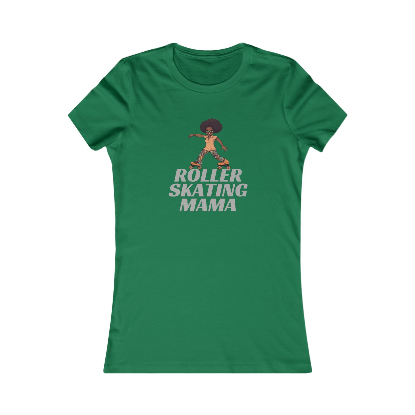 Kelly green t-shirt featuring an illustration of a person roller skating with an afro hairstyle, above the bold text ROLLER SKATING MAMA. Perfect for roller skating enthusiasts, the design is centered on the shirt and available at the Gifts For Mom store.