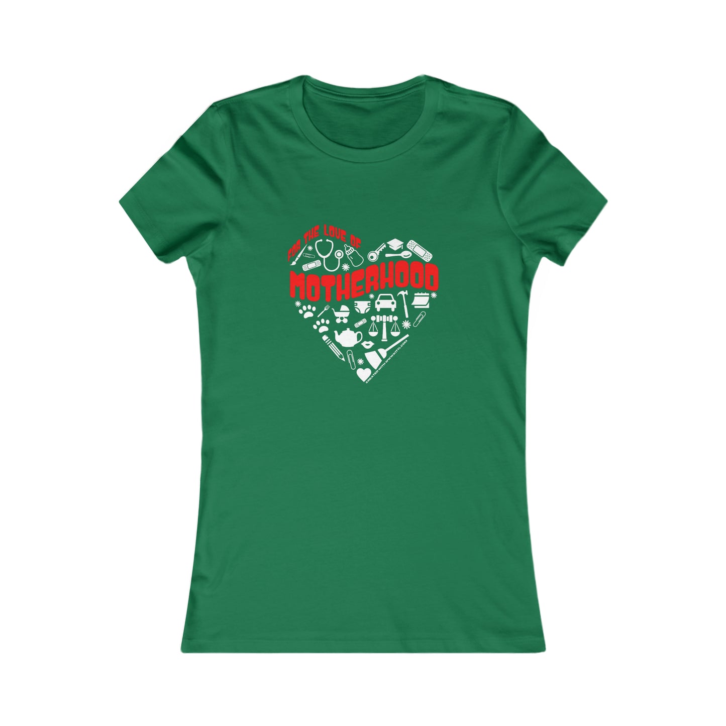 Kelly green t-shirt with red text, For the Love of Motherhood, available at the Gifts For Mom store. The design features baby-related icons subtly forming a heart shape around Motherhood to celebrate mom in style.