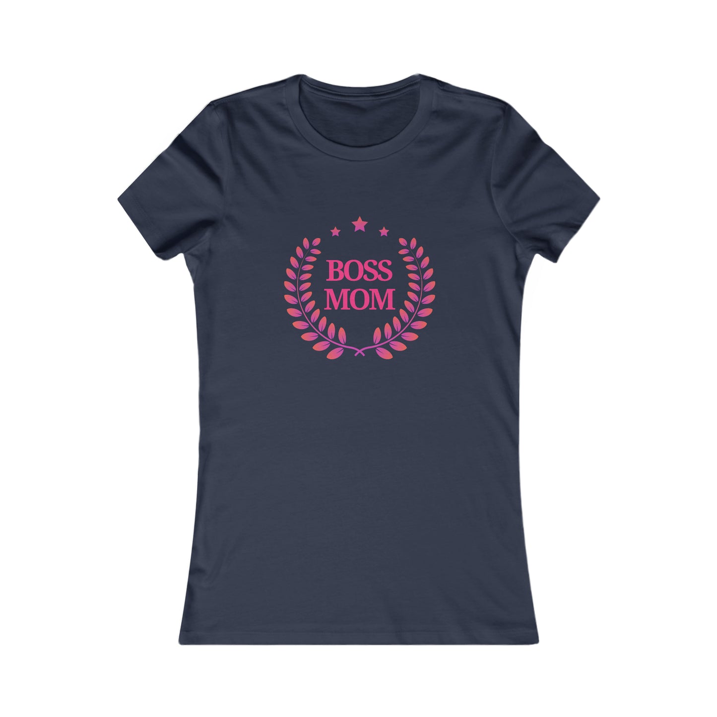 A navy blue womens t-shirt from the Gifts For Mom store, featuring Boss Mom in pink, encircled by a laurel wreath design. Its a perfect way to celebrate mom with style and appreciation.