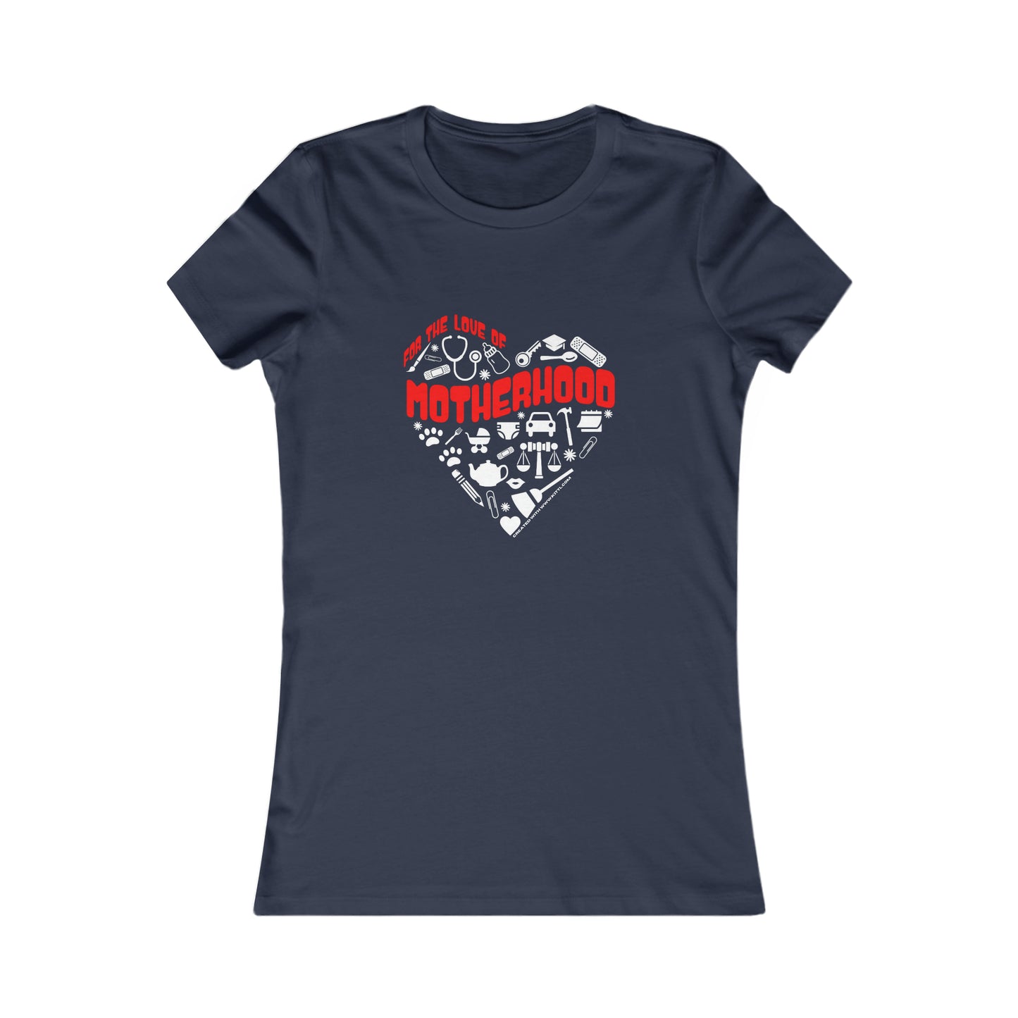 Navy blue t-shirt with red text, For the Love of Motherhood, available at the Gifts For Mom store. The design features baby-related icons subtly forming a heart shape around Motherhood to celebrate mom in style.