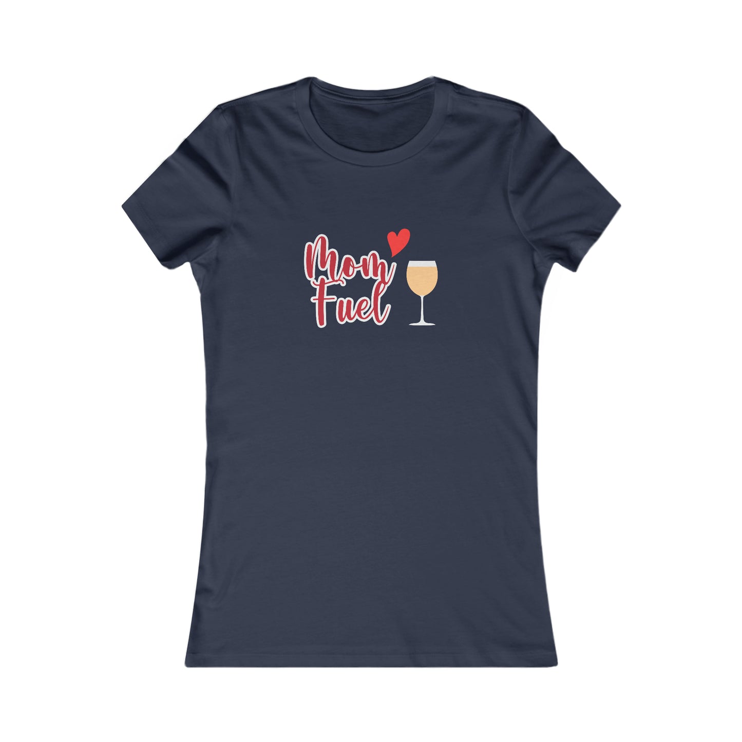 It's the perfect gift for wine loving mothers from our Gifts For Mom store: a navy blue t-shirt featuring a wine glass filled with a chardonnay with the text Mom fuel. A heart accent is also part of the graphic.