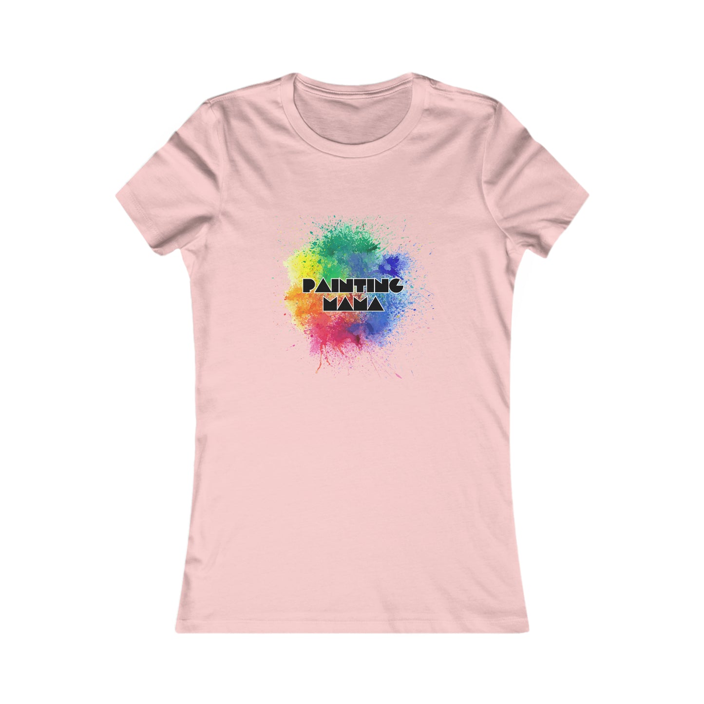 Pink T-shirt featuring a vibrant paint splash design in the center. PAINTING MAMA is boldly printed over it with a gradient effect. Perfect to celebrate moms artistic spirit, its available exclusively at the Gifts For Mom store.