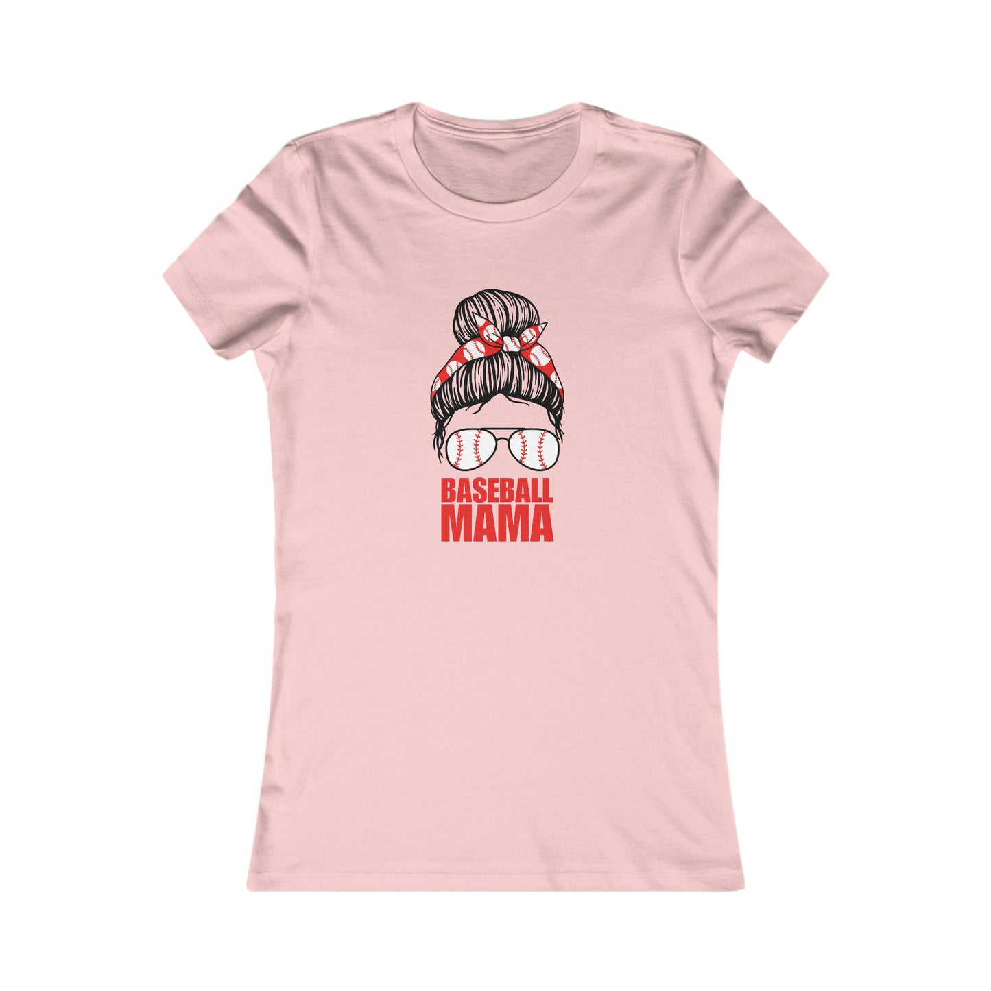 Celebrate mom with this pink t-shirt showcasing a graphic of a womans hair in a bun adorned with a red bandana and baseball-stitched sunglasses. Bold red letters spell out Baseball Mama below.