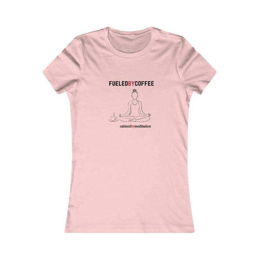 A pink t-shirt from the Gifts For Mom store showcases a simple line drawing of a person meditating, flanked by coffee cups. Text above reads FUELED BY COFFEE and below reads calmed by meditation—perfect for celebrating mom’s love for peace and caffeine.