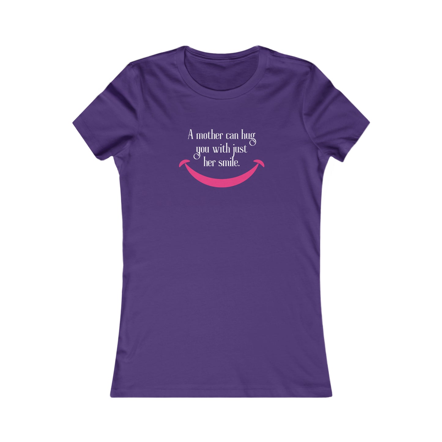 Purple t-shirt from the Gifts For Mom store, featuring the text A mother can hug you with just her smile above a simple pink smile graphic. Celebrate mom with this heartfelt design.