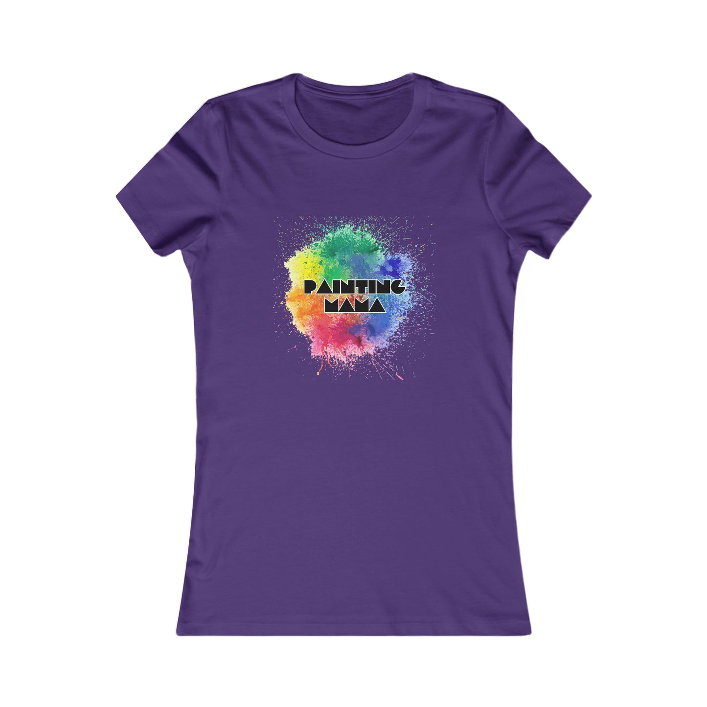 Purple T-shirt featuring a vibrant paint splash design in the center. PAINTING MAMA is boldly printed over it with a gradient effect. Perfect to celebrate moms artistic spirit, its available exclusively at the Gifts For Mom store.