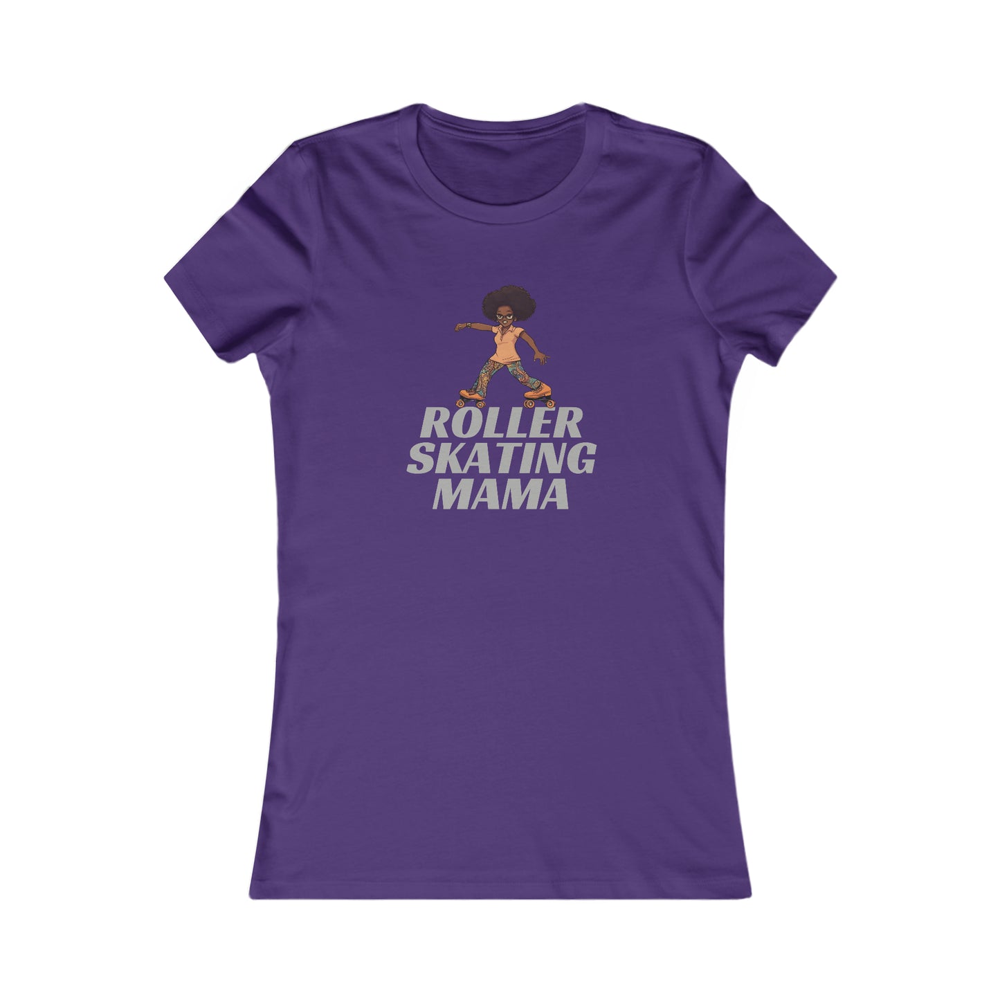 Purple t-shirt featuring an illustration of a person roller skating with an afro hairstyle, above the bold text ROLLER SKATING MAMA. Perfect for roller skating enthusiasts, the design is centered on the shirt and available at the Gifts For Mom store.