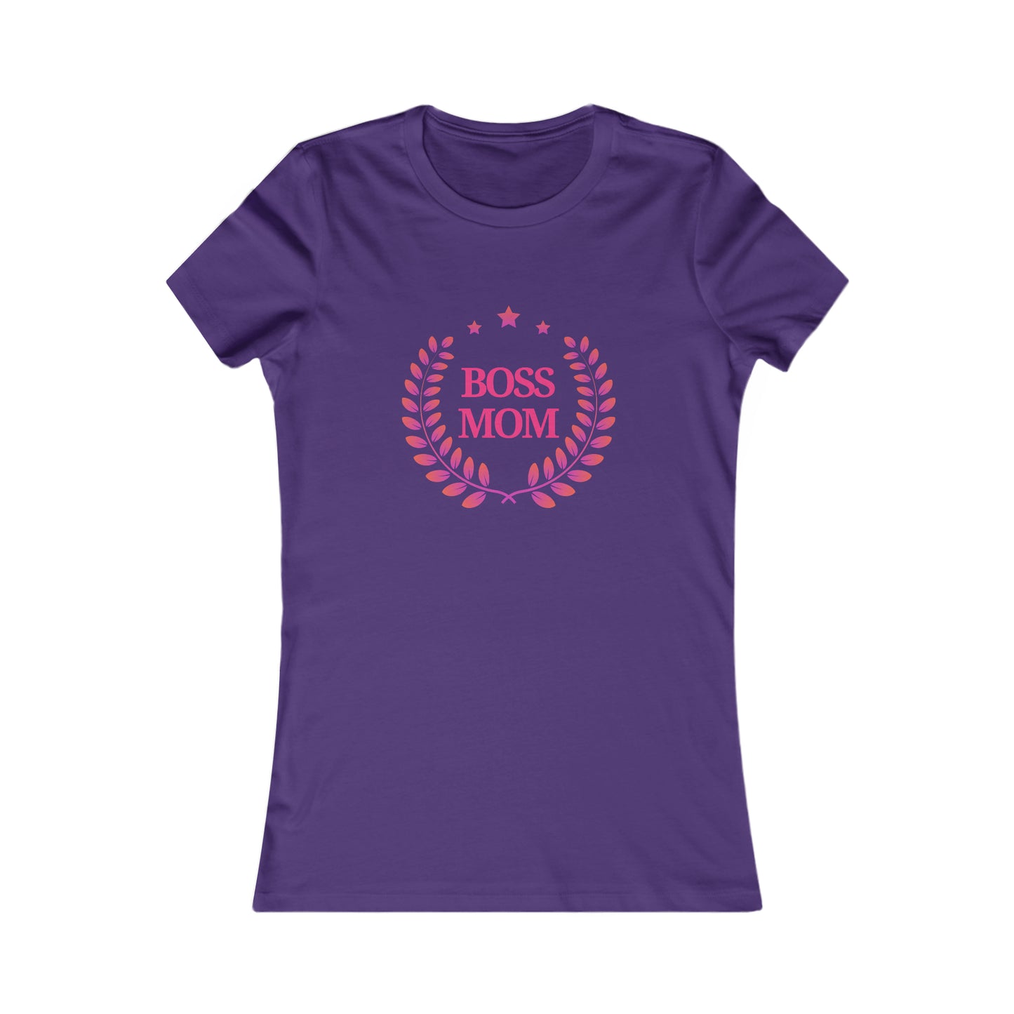 A purple womens t-shirt from the Gifts For Mom store, featuring Boss Mom in pink, encircled by a laurel wreath design. Its a perfect way to celebrate mom with style and appreciation.