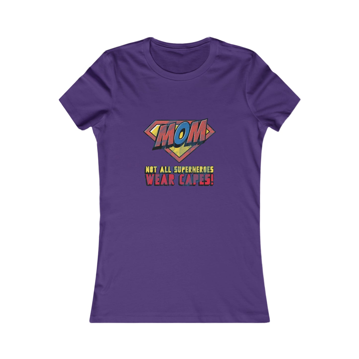 Purple t-shirt with a colorful superhero-inspired logo that reads MOM in a shield shape, above the text Not all superheroes wear capes!, available at the Gifts For Mom store to celebrate mom in style.