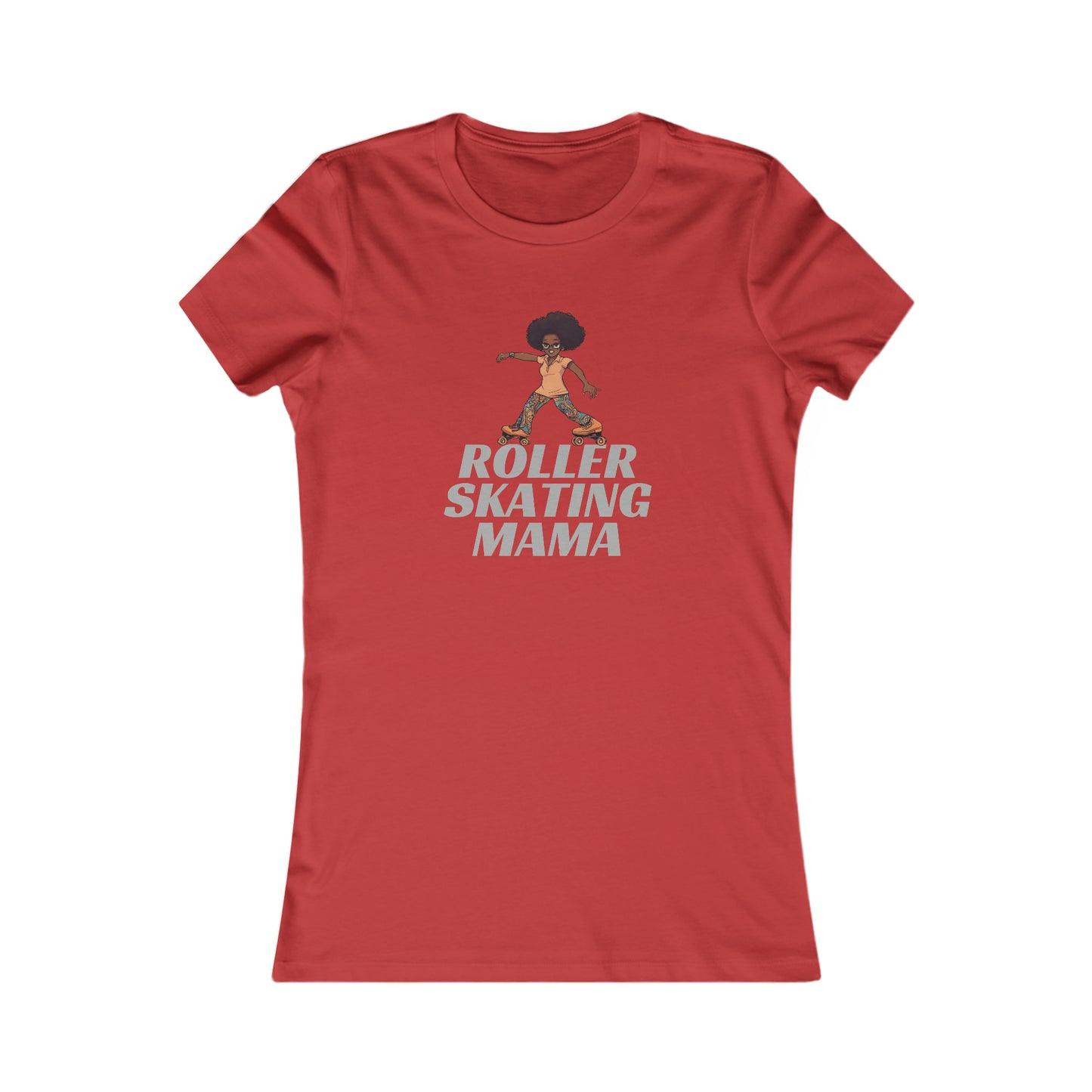 Red t-shirt featuring an illustration of a person roller skating with an afro hairstyle, above the bold text ROLLER SKATING MAMA. Perfect for roller skating enthusiasts, the design is centered on the shirt and available at the Gifts For Mom store.