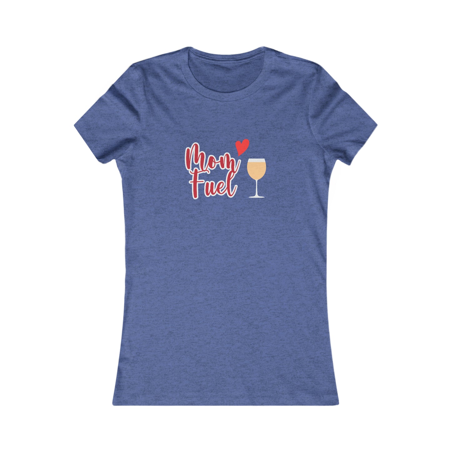 It's the perfect gift for wine loving mothers from our Gifts For Mom store: a royal blue t-shirt featuring a wine glass filled with a chardonnay with the text Mom fuel. A heart accent is also part of the graphic.