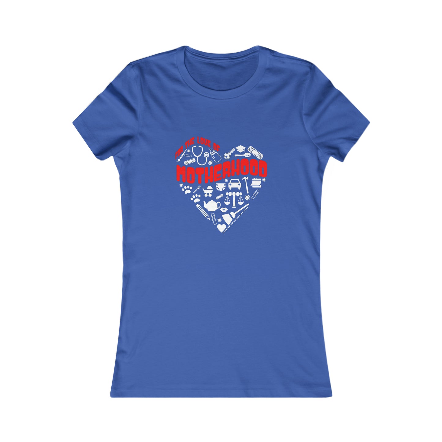 Royal blue t-shirt with red text, For the Love of Motherhood, available at the Gifts For Mom store. The design features baby-related icons subtly forming a heart shape around Motherhood to celebrate mom in style.