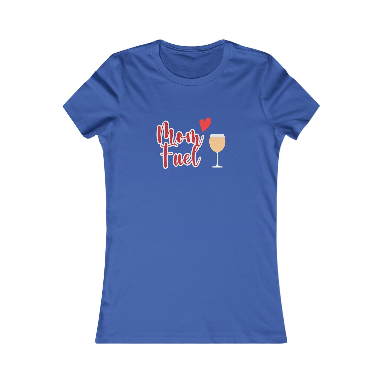 It's the perfect gift for wine loving mothers from our Gifts For Mom store: a royal blue t-shirt featuring a wine glass filled with a chardonnay with the text Mom fuel. A heart accent is also part of the graphic.