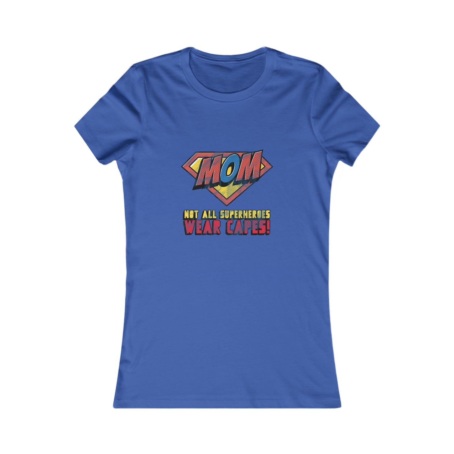 Royal blue t-shirt with a colorful superhero-inspired logo that reads MOM in a shield shape, above the text Not all superheroes wear capes!, available at the Gifts For Mom store to celebrate mom in style.