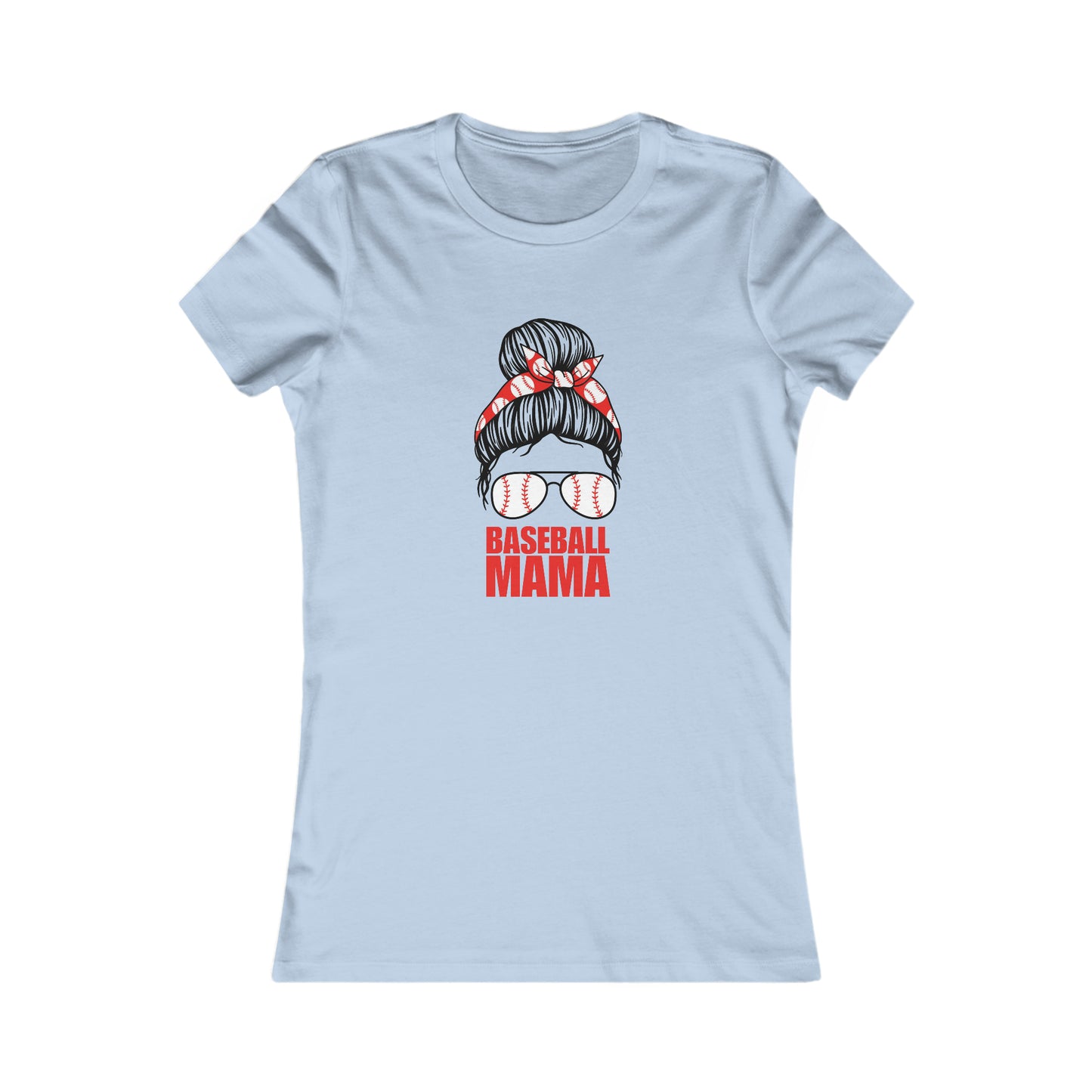 Celebrate mom with this sky blue t-shirt showcasing a graphic of a womans hair in a bun adorned with a red bandana and baseball-stitched sunglasses. Bold red letters spell out Baseball Mama below.