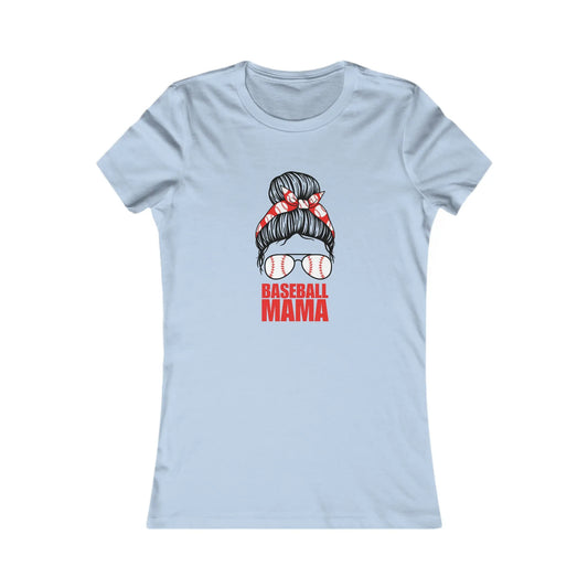 Celebrate mom with this sky blue t-shirt showcasing a graphic of a womans hair in a bun adorned with a red bandana and baseball-stitched sunglasses. Bold red letters spell out Baseball Mama below.