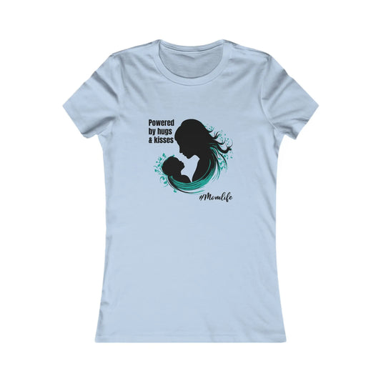 A sky blue t-shirt from the Gifts For Mom store, featuring a silhouette of a woman and child alongside the text Powered by hugs & kisses. The hashtag #Momlife is below the image.
