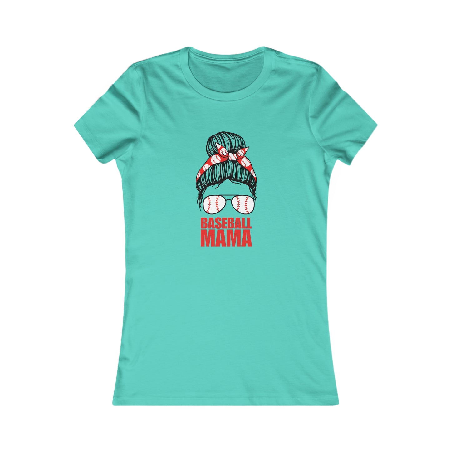 Celebrate mom with this teal t-shirt showcasing a graphic of a womans hair in a bun adorned with a red bandana and baseball-stitched sunglasses. Bold red letters spell out Baseball Mama below.