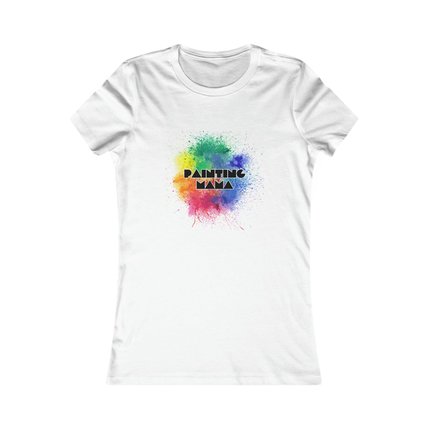 White T-shirt featuring a vibrant paint splash design in the center. PAINTING MAMA is boldly printed over it with a gradient effect. Perfect to celebrate moms artistic spirit, its available exclusively at the Gifts For Mom store.