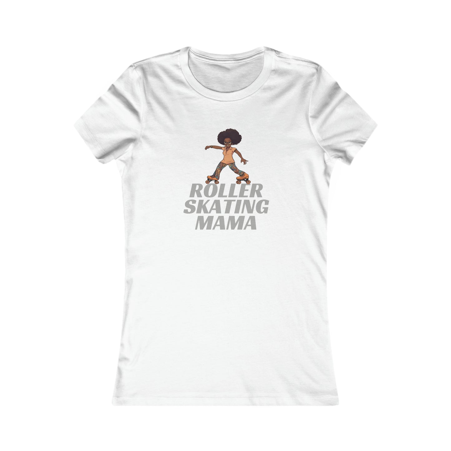 White t-shirt featuring an illustration of a person roller skating with an afro hairstyle, above the bold text ROLLER SKATING MAMA. Perfect for roller skating enthusiasts, the design is centered on the shirt and available at the Gifts For Mom store.