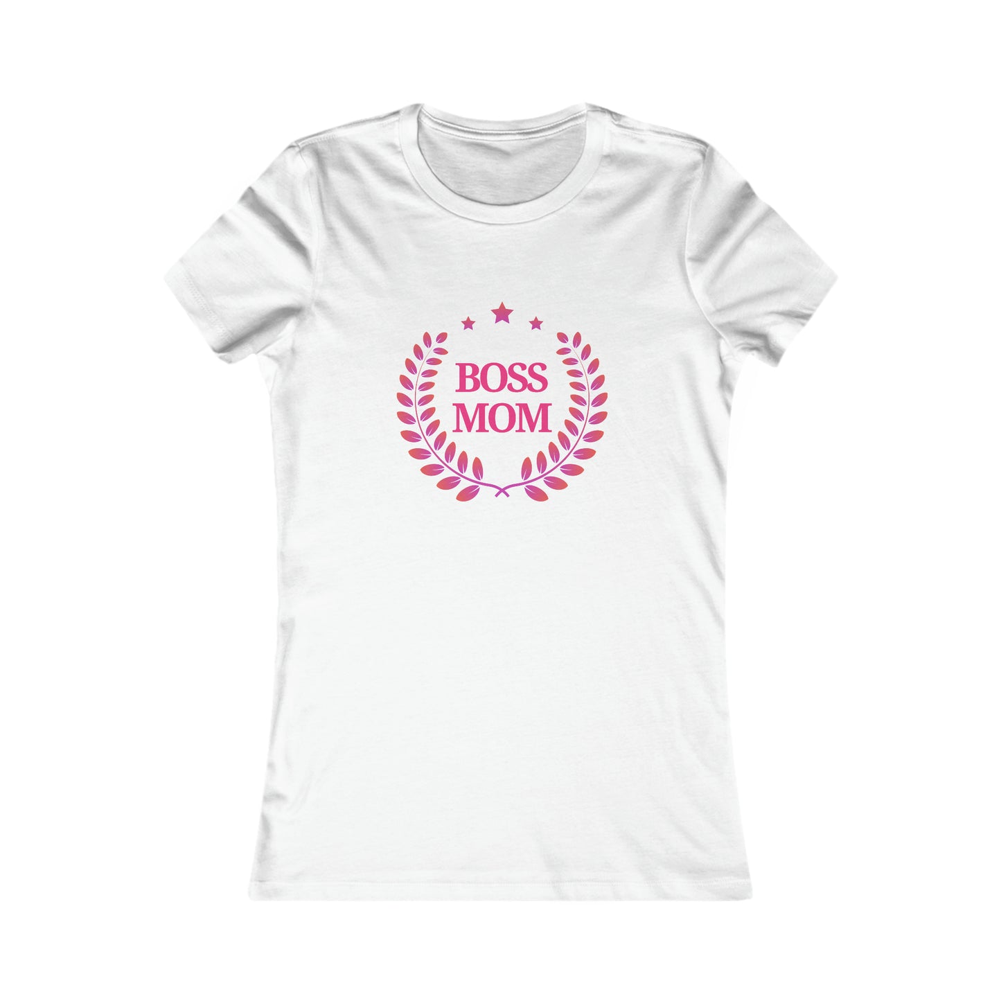 A white womens t-shirt from the Gifts For Mom store, featuring Boss Mom in pink, encircled by a laurel wreath design. Its a perfect way to celebrate mom with style and appreciation.