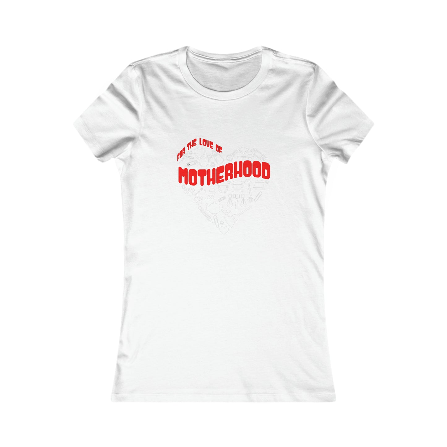 White t-shirt with red text, For the Love of Motherhood, available at the Gifts For Mom store. The design features baby-related icons subtly forming a heart shape around Motherhood to celebrate mom in style.