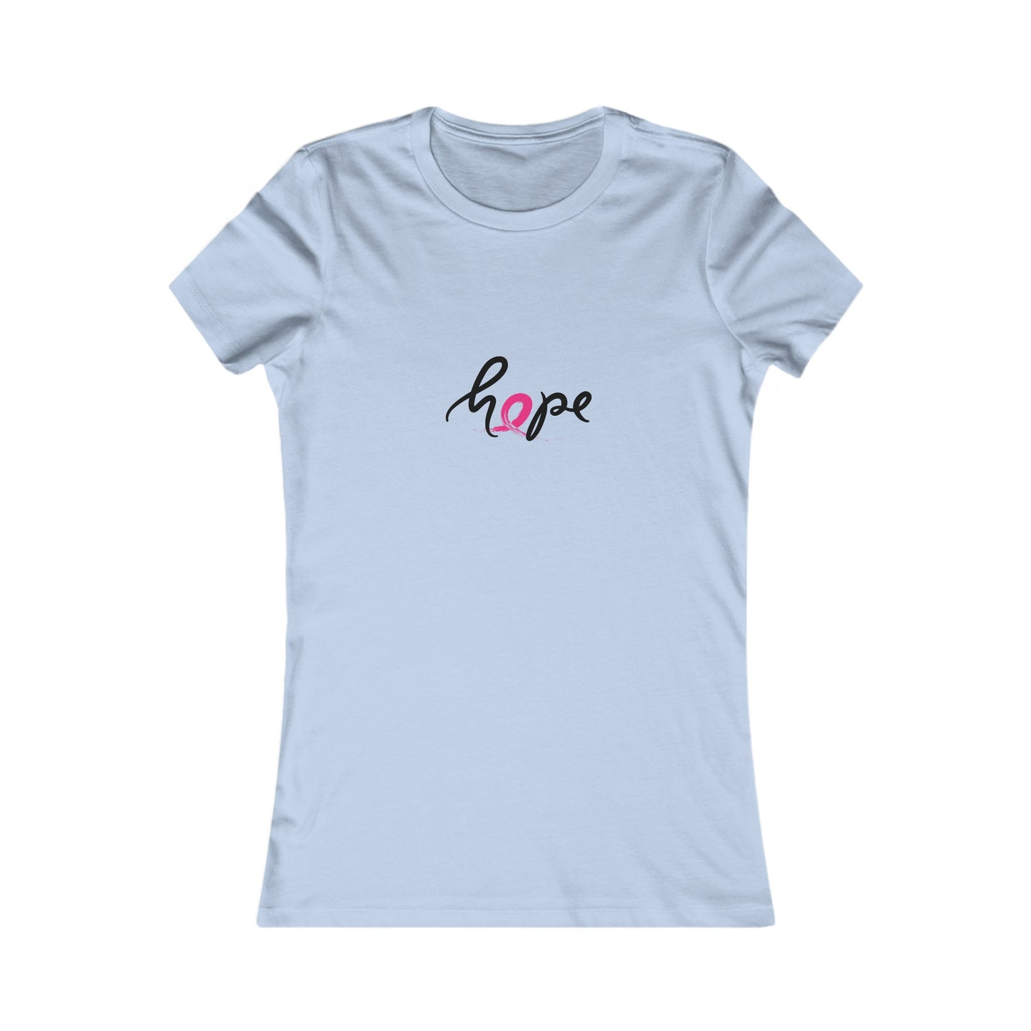 Baby blue t-shirt with the word hope elegantly printed in black and pink. The o is actually a pink ribbon, perfect for supporting breast cancer awareness. The fitted design is showcased on a plain white background, making it an ideal find at the Gifts For Mom store.