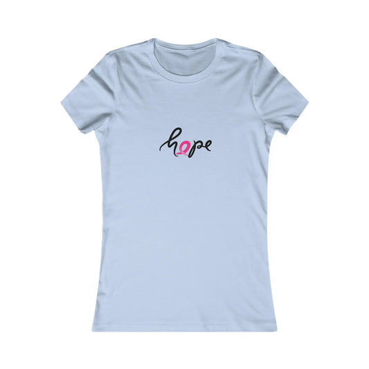 Baby blue t-shirt with the word hope elegantly printed in black and pink. The o is actually a pink ribbon, perfect for supporting breast cancer awareness. The fitted design is showcased on a plain white background, making it an ideal find at the Gifts For Mom store.