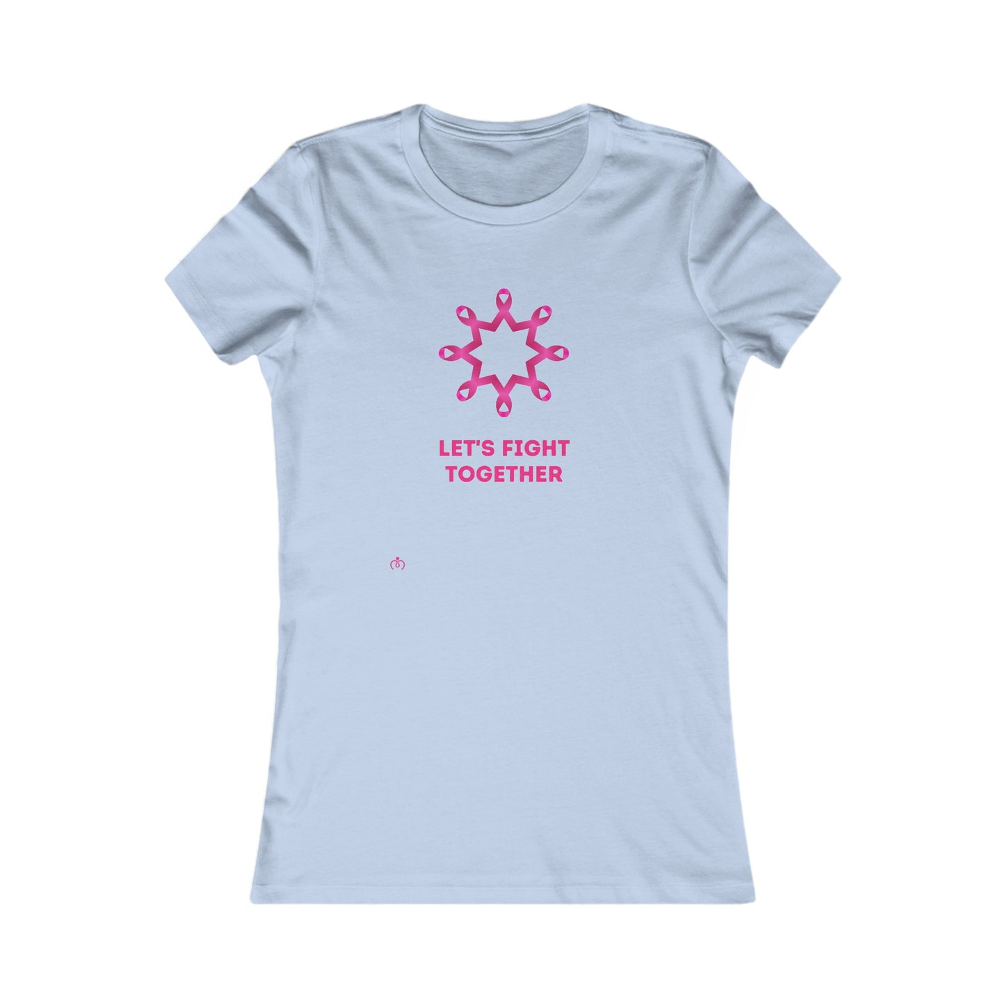 Baby blue t-shirt featuring a Breast Cancer Awareness pink ribbon design forming a flower shape. Below, LETS FIGHT TOGETHER is boldly inscribed in pink. Available at the Gifts for Mom store, this tee supports a meaningful cause with style.