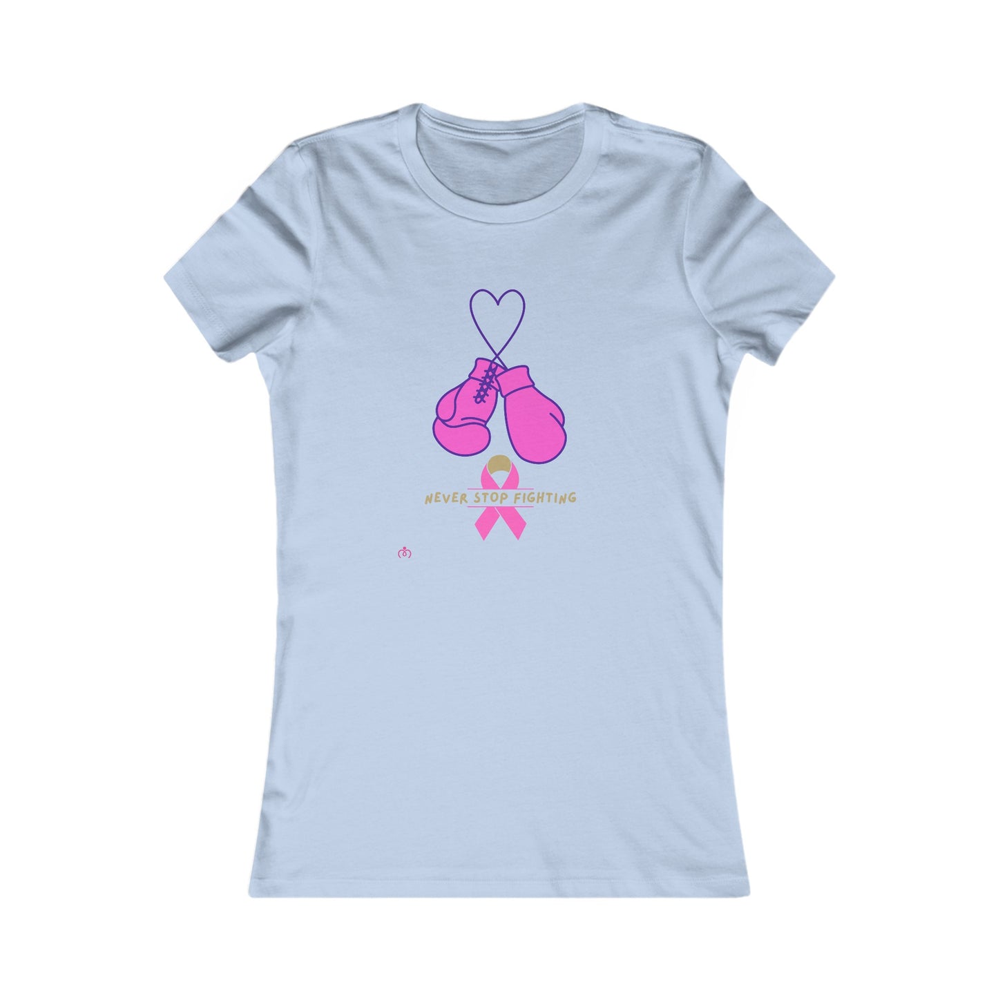 Baby blue t-shirt featuring a design of pink boxing gloves hanging from a heart outline above a pink ribbon. Perfect for promoting breast cancer awareness, the text below reads Never Stop Fighting. Available at the Gifts for Mom store.